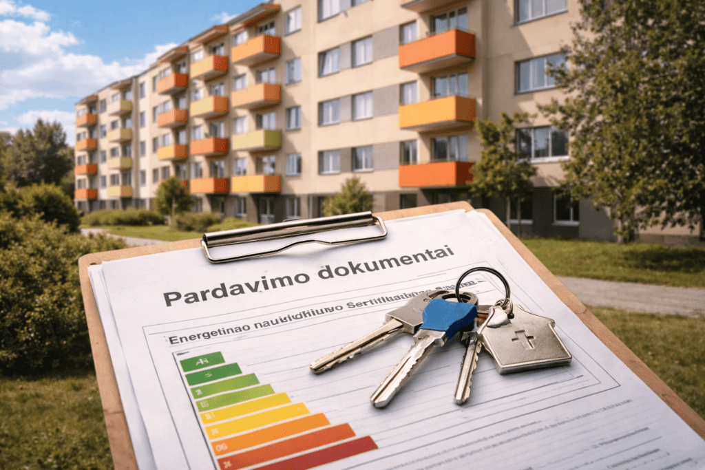 Daugiabutis namas ir buto energinio naudingumo sertifikatas su raktais pardavimo dokumentuose