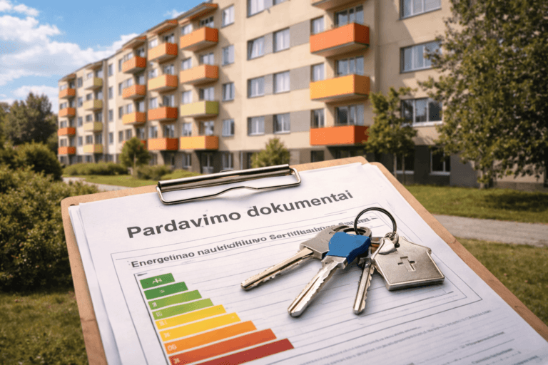 Daugiabutis namas ir buto energinio naudingumo sertifikatas su raktais pardavimo dokumentuose